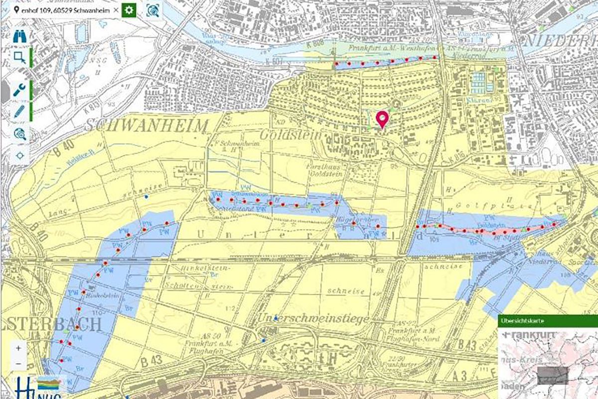 Übersicht Siedlung Goldstein mit Wasserschutzgebiet (gelb: Zone IIIA; blau: Zonen I und II) [Quelle: HLNUG]
